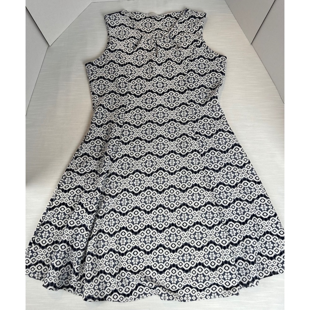 Frederick Ian Navy White Geometric Floral Keyhole Fit Flare Dress Made in France